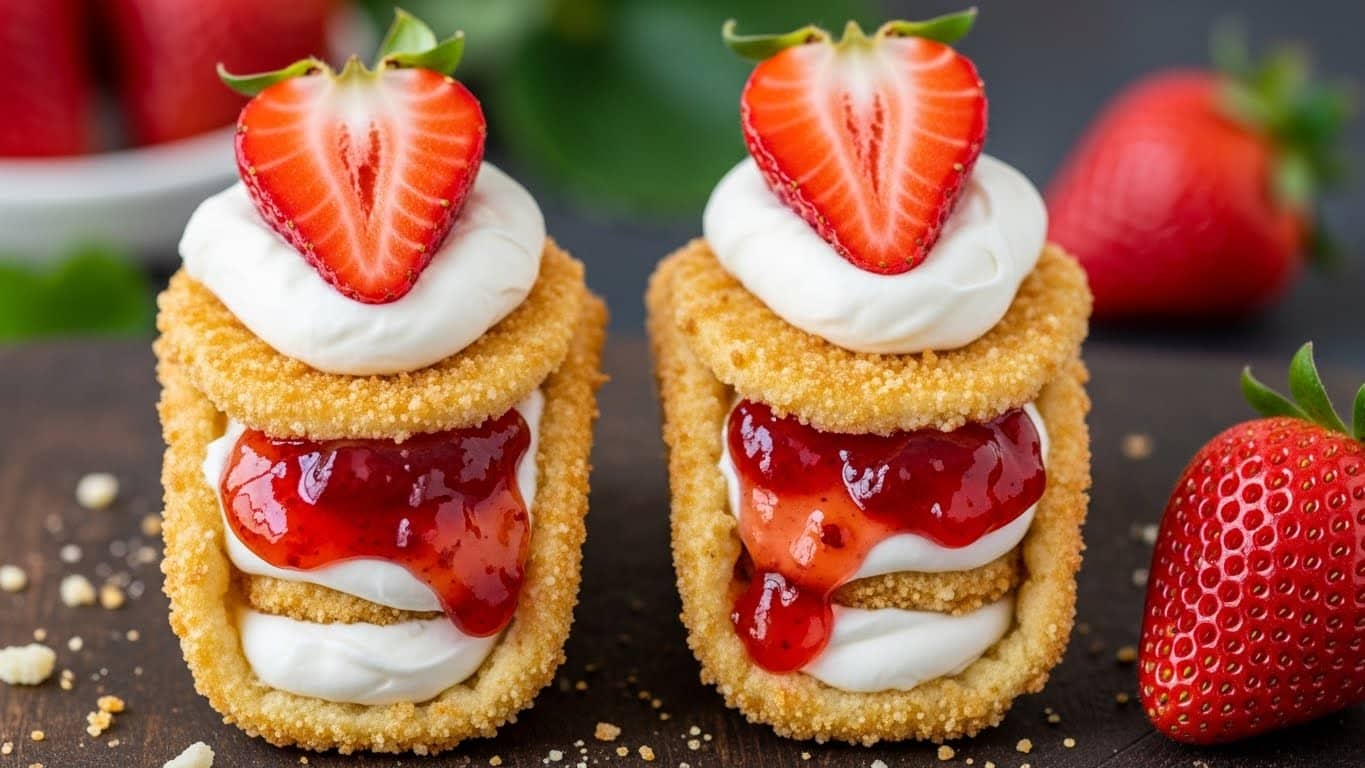 Two dessert tacos sit side by side on a round wooden board with powdered sugar sprinkled around. Each taco shell is golden and crunchy, coated with crumbly bits. Inside, a thick layer of white whipped cream fills the shells, topped with a generous, glossy red strawberry jam that spills slightly over the edges. On top of the cream and jam, there is a swirl of more whipped cream with a fresh red strawberry slice placed at the peak. A whole strawberry with its green leaves is placed near the tacos. The background shows blurred strawberries with a smooth white marbled texture underneath. photo taken with an iphone --ar 4:5 --v 7