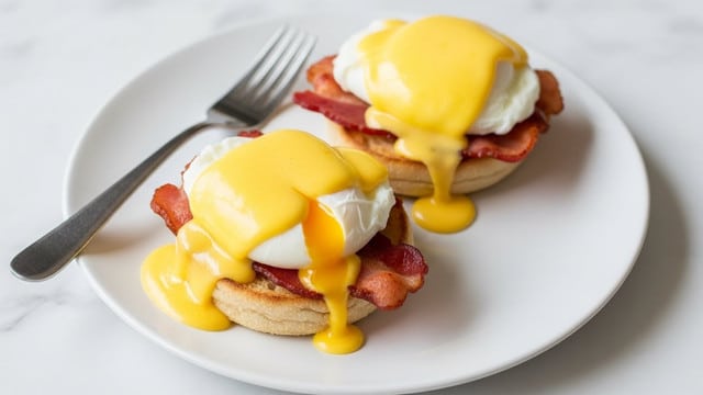 The image shows two eggs Benedict servings on a white plate placed on a white marbled surface. Each serving has a toasted English muffin base with a layer of crispy bacon, topped by a poached egg covered with bright yellow, smooth hollandaise sauce that spills slightly onto the plate. A silver fork is placed near the top left of the plate. The colors include the golden-brown muffin, pinkish bacon, white poached eggs with a shiny yolk underneath the sauce, and the rich yellow hollandaise sauce. Photo taken with an iphone --ar 4:5 --v 7