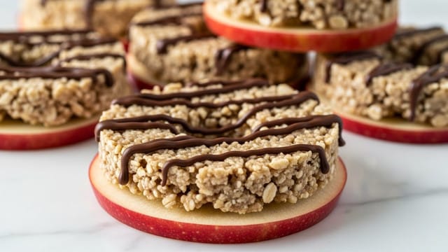 A close-up view of a round snack consisting of a thick, red apple slice as the base layer, topped with a ring of beige, coarse-textured oatmeal mixture forming the middle layer, and drizzled with irregular dark brown chocolate lines on top. Multiple similar pieces are stacked slightly blurred in the background, all resting on a white marbled surface. The focus is on the front piece, showing the contrast between the smooth apple slice, the grainy oatmeal, and the glossy chocolate drizzle. photo taken with an iphone --ar 4:5 --v 7