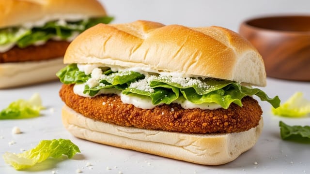 A sandwich on a white baguette-style roll with a golden brown crust and soft inside is the main focus. Inside the sandwich, there is a crispy, dark golden fried breaded patty on the bottom layer, topped with fresh, bright green lettuce coated lightly in a creamy white dressing with bits of grated white cheese sprinkled on top. Some bits of lettuce and cheese are scattered around the sandwich on the white marbled surface beneath it. In the background, another similar sandwich is slightly out of focus, and a wooden bowl is partially visible on the right side. Photo taken with an iphone --ar 4:5 --v 7
