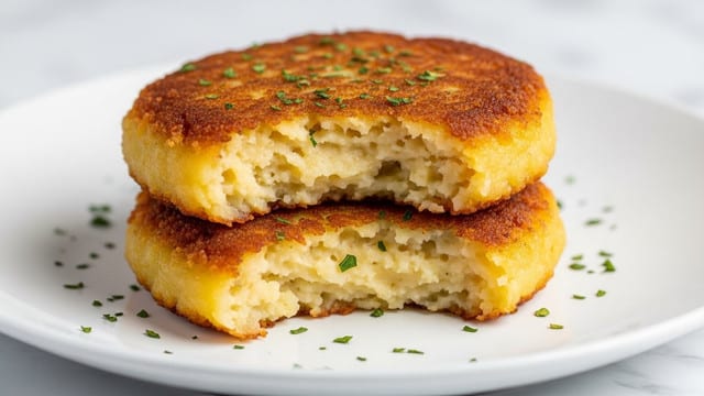 Two thick, golden brown potato cakes are stacked on top of each other on a white plate, showing a crispy, crunchy outer layer with some green herb flakes sprinkled on top and around. The inside is soft, creamy, and pale yellow with a smooth texture broken open slightly on the side. The plate rests on a white marbled texture, and the background is softly blurred to keep the focus on the potato cakes. photo taken with an iphone --ar 4:5 --v 7