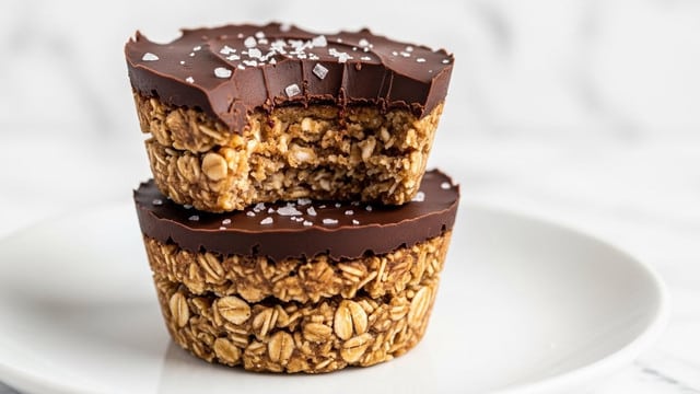 The image shows two layered chocolate oat cups stacked on a white dish against a white marbled texture background. Each cup has two distinct layers: the bottom layer is light brown with visible oat grains tightly packed together, giving a rough and textured look, while the top layer is a smooth, glossy dark chocolate with a slightly uneven edge, topped with small crystals of coarse salt scattered on the surface. The top cup has a bite taken out of its side, exposing the soft, oat-filled inside beneath the chocolate layer. The overall look is rich and homemade, with the dark brown chocolate contrasting sharply against the pale oats and white plate. Photo taken with an iphone --ar 4:5 --v 7