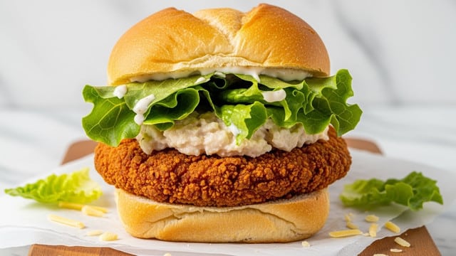 The image shows a sandwich with three main layers inside a small golden-brown crusty bread roll. The bottom layer is a crispy, dark golden fried patty with a rough, crunchy texture. Above it, there is a fresh layer of bright green lettuce coated in a creamy white sauce, giving it a glossy look. The top half of the bread roll rests on the lettuce, completing the sandwich. The sandwich is placed on white parchment paper over a wooden board, with some small bits of shredded cheese and lettuce scattered around, all set against a white marbled surface. photo taken with an iphone --ar 4:5 --v 7