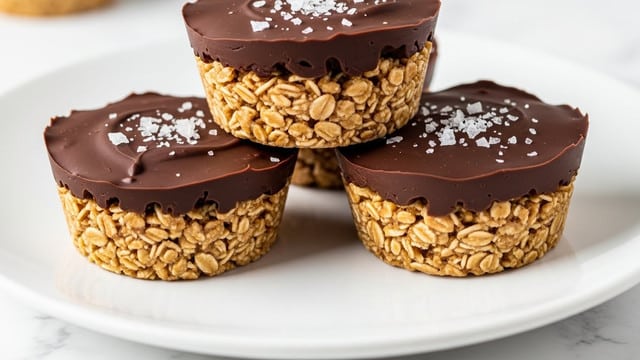 The image shows a stack of four small dessert cups on a white plate with a white marbled surface. Each cup has two layers: the bottom layer is made of a light brown oat and peanut butter mixture with a chunky, textured look, while the top layer is smooth, glossy dark chocolate almost covering the oats entirely. The top chocolate layer is sprinkled with coarse white sea salt flakes, adding a touch of texture and contrast. The cups are round and look rich and inviting with a thick chocolate top and a firm base layer that holds the oats together. Photo taken with an iphone --ar 4:5 --v 7
