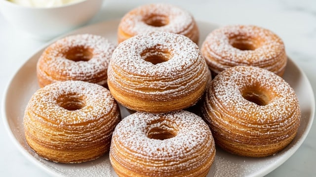The image shows a white plate filled with seven golden-brown cronut donuts, each having light, flaky layers with a round shape and a large hole in the middle. The cronuts are dusted lightly with white powdered sugar giving them a soft snowy look. The texture of the cronuts looks crispy on the outside with visible layers that give a slightly rough, ridged surface. In the background, there is a white bowl with cream inside, placed on a white marbled surface. The warm golden color of the cronuts contrasts well with the white plate and the powdered sugar adds a delicate finishing touch. photo taken with an iphone --ar 4:5 --v 7