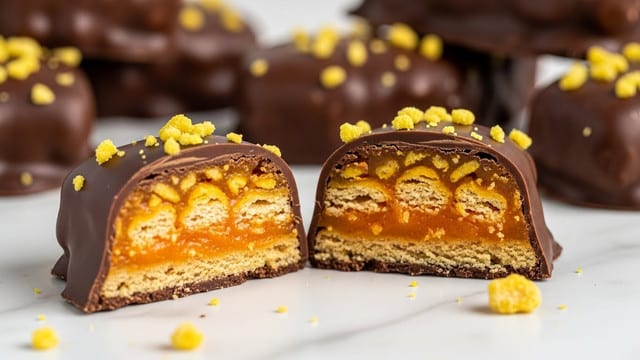 The image shows several pieces of a chocolate-covered snack with a close-up of one piece cut in half to reveal its inside layers. The outer layer is a smooth, dark, shiny chocolate coating with small yellow crumbs scattered on top. Inside, there are two visible layers: a bright orange, thick, and soft filling mixed with crunchy, yellowish cereal-like bits. The cut pieces rest on a white marbled surface, and small crumbs are scattered around them. Photo taken with an iphone --ar 4:5 --v 7