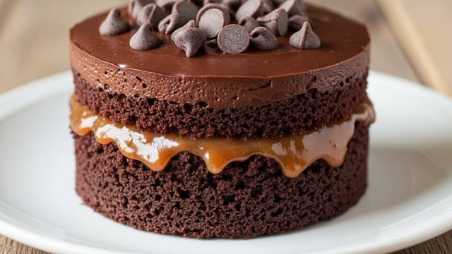 A close-up image of a three-layer chocolate dessert on a white plate with a rustic wooden surface beneath it. The bottom layer is dark, moist, and crumbly chocolate cake. The middle layer is gooey and caramel-colored with a shiny, sticky texture, appearing rich and dense. The top layer is a smooth, glossy chocolate ganache with a slightly melted look, adorned with several dark chocolate chunks and chips scattered on top. Photo taken with an iphone --ar 4:5 --v 7