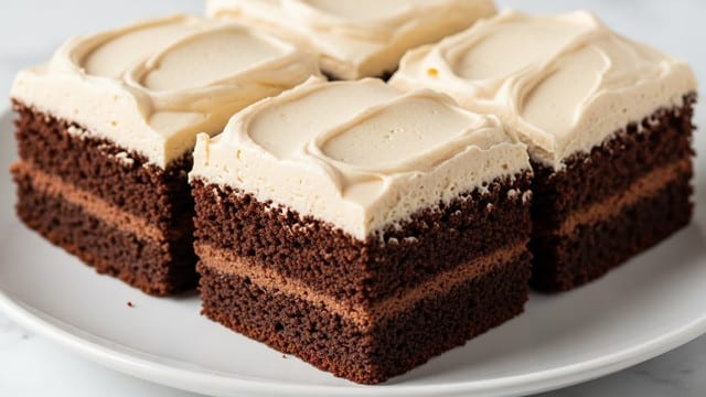 The image shows three square pieces of chocolate cake with one thick layer of light tan frosting on top. The chocolate cake layers are dark and moist with a slightly crumbly texture, taking up about two-thirds of each piece's height. The frosting looks creamy and smooth, spread evenly with soft swirls, covering the top third of the pieces. The cake squares are placed closely together on a plain white plate, which sits on a white marbled surface with soft natural light. Photo taken with an iphone --ar 4:5 --v 7