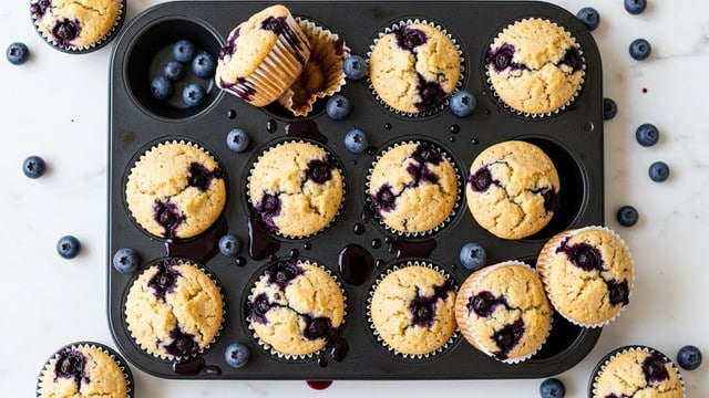 The image shows a tray of nine blueberry muffins in white paper liners inside a dark baking pan, placed on a white marbled surface. Each muffin has a light golden-brown top with visible dark purple blueberry spots where the berries have burst and released juice into the batter, creating a marbled effect. Scattered fresh blueberries surround the tray, adding color contrast to the scene. The muffins have a slightly cracked and soft texture on top, with some blueberry juice staining the edges of the liners and a few spots on the pan. photo taken with an iphone --ar 4:5 --v 7