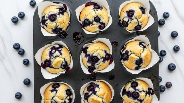 A black metal muffin tray filled with twelve freshly baked blueberry muffins in white paper liners, each muffin showing a golden brown top with cracks revealing dark purple blueberry filling inside. Around the tray and on the white marbled surface, there are scattered whole fresh blueberries adding a touch of deep blue color contrast. The muffins have a soft, slightly rough texture and some blueberry juice has spilled onto the tray, creating purple stains. photo taken with an iphone --ar 4:5 --v 7