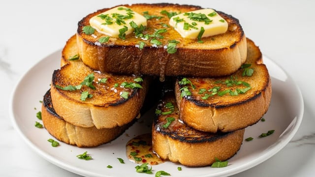 A white plate holds a stack of four thick slices of golden-brown toasted bread, each slice showing crisp, slightly charred edges. The top three slices are covered with melted butter that drips down the sides, adding a shiny, creamy texture. Fresh green chopped herbs are sprinkled generously over the toast and the plate, adding a fresh pop of color. Some slices have a light drizzle of a dark reddish sauce that blends with the butter. The plate rests on a white marbled surface. photo taken with an iphone --ar 4:5 --v 7