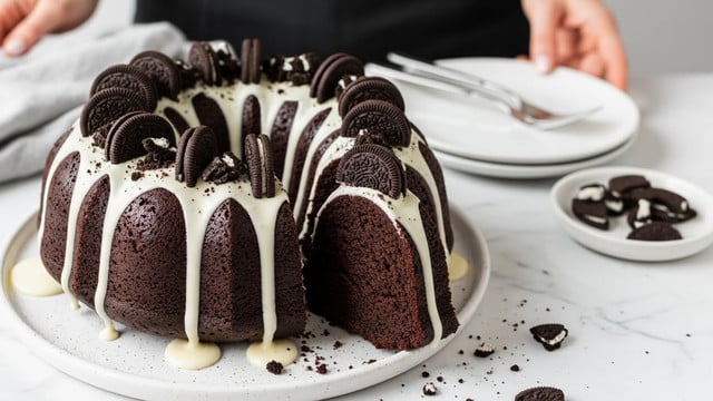A dark chocolate bundt cake with a smooth white glaze dripping down the sides sits on a white marbled surface. The cake is decorated with chunks of dark chocolate cookies on top and around it. The cake has been sliced to show its moist, dark interior inside the ring shape. The white glaze contrasts clearly with the dark cake while crumbs and cookie pieces scatter on the plate below, which is white with black speckles. In the background, a woman's hand reaches towards the cake next to a white plate and a pair of silver forks. Photo taken with an iphone --ar 4:5 --v 7