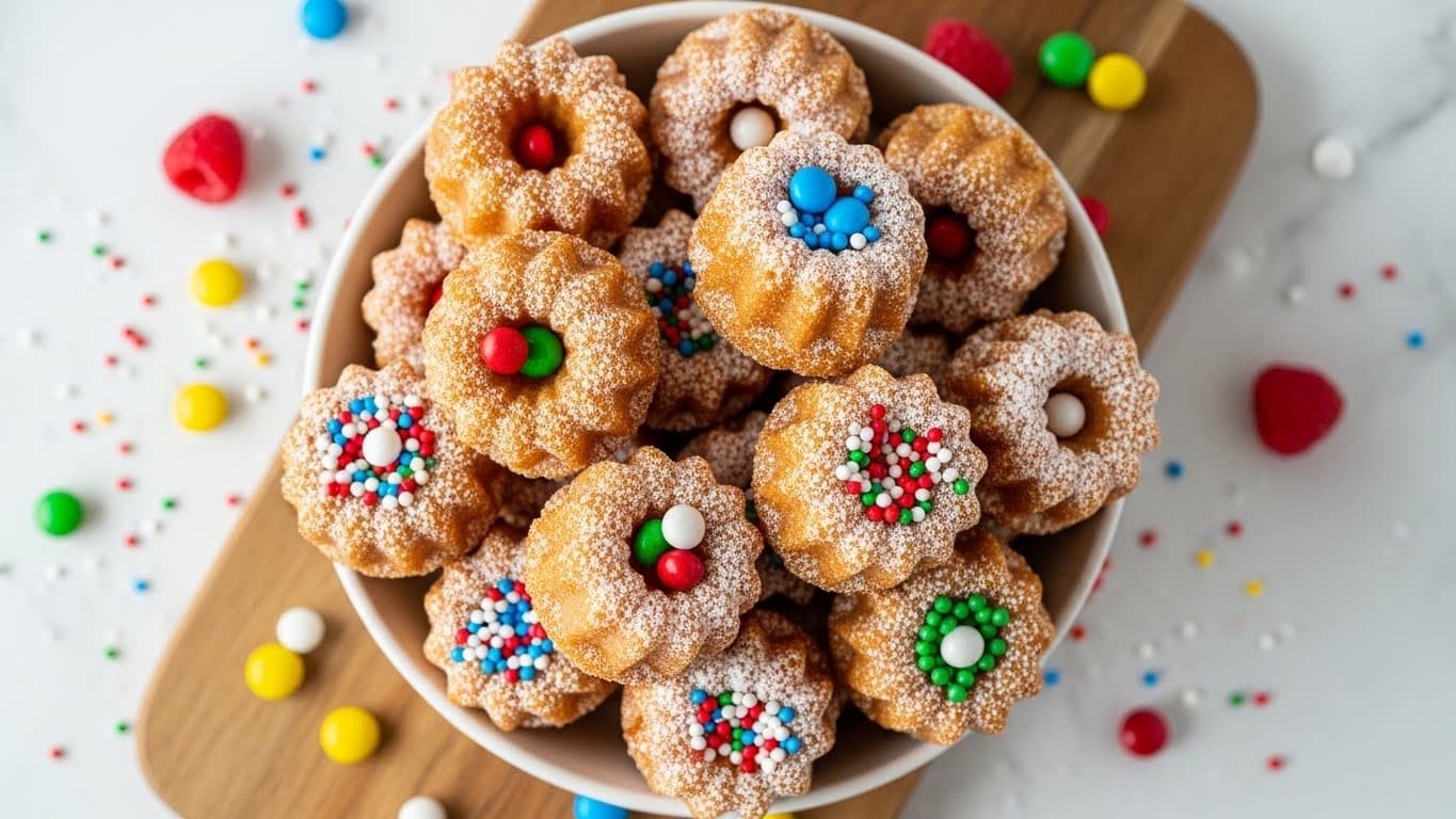A white bowl filled with multiple small, golden-brown mini bundt cakes, each dusted with white powdered sugar, creating a light powdery texture on the surface. The mini cakes have a slightly shiny, crispy outer layer with ridges and a hole in the center, some decorated with small colorful round sprinkles in red, blue, green, and white. The bowl sits on a wooden board against a white marbled surface scattered with colorful round sprinkles and small fruits like red raspberries, yellow, green, and red candies, adding bright color spots around. photo taken with an iphone --ar 4:5 --v 7