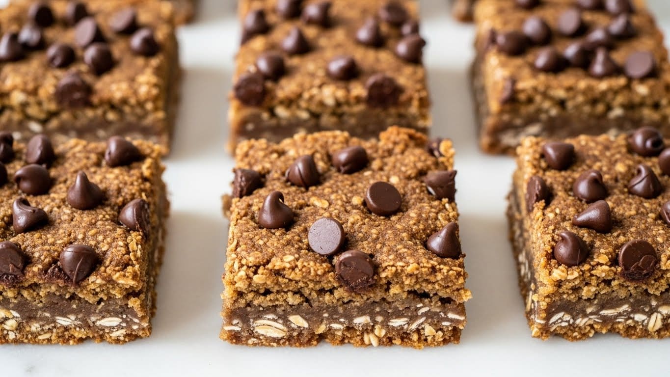 The image shows several square oat bars with chocolate chips scattered on top, arranged on a white marbled surface. Each bar is about one layer thick, with a brown, slightly crumbly texture that reveals oats mixed into the batter. The chocolate chips are dark brown, glossy, and embedded mostly on the top of each bar, adding a smooth contrast to the rough oat base. The bars are cut evenly and placed close to each other but not touching. photo taken with an iphone --ar 4:5 --v 7