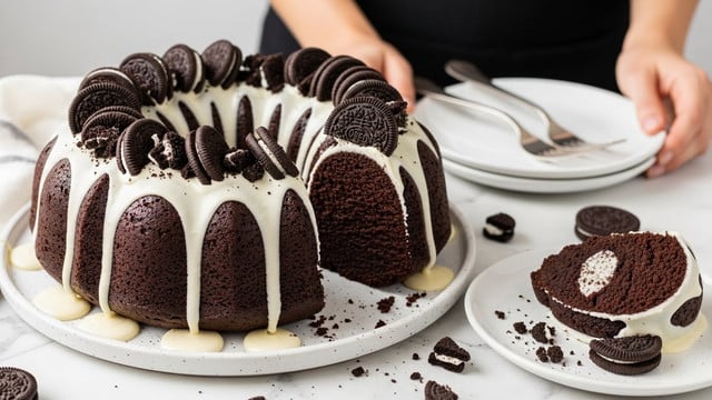 The image shows a close-up of several slices of dark chocolate cake with one visible slice placed on a small white plate with a textured surface. The cake slice has three layers: two thick, moist and rich dark brown cake layers sandwiching a creamy white frosting layer in the middle. A thin layer of the white frosting is also visible on the edges of the slice. The background includes more slices on similar white plates and a white marbled surface underneath. A vintage silver fork rests on the plate with the main slice, adding a rustic touch to the setup. photo taken with an iphone --ar 4:5 --v 7