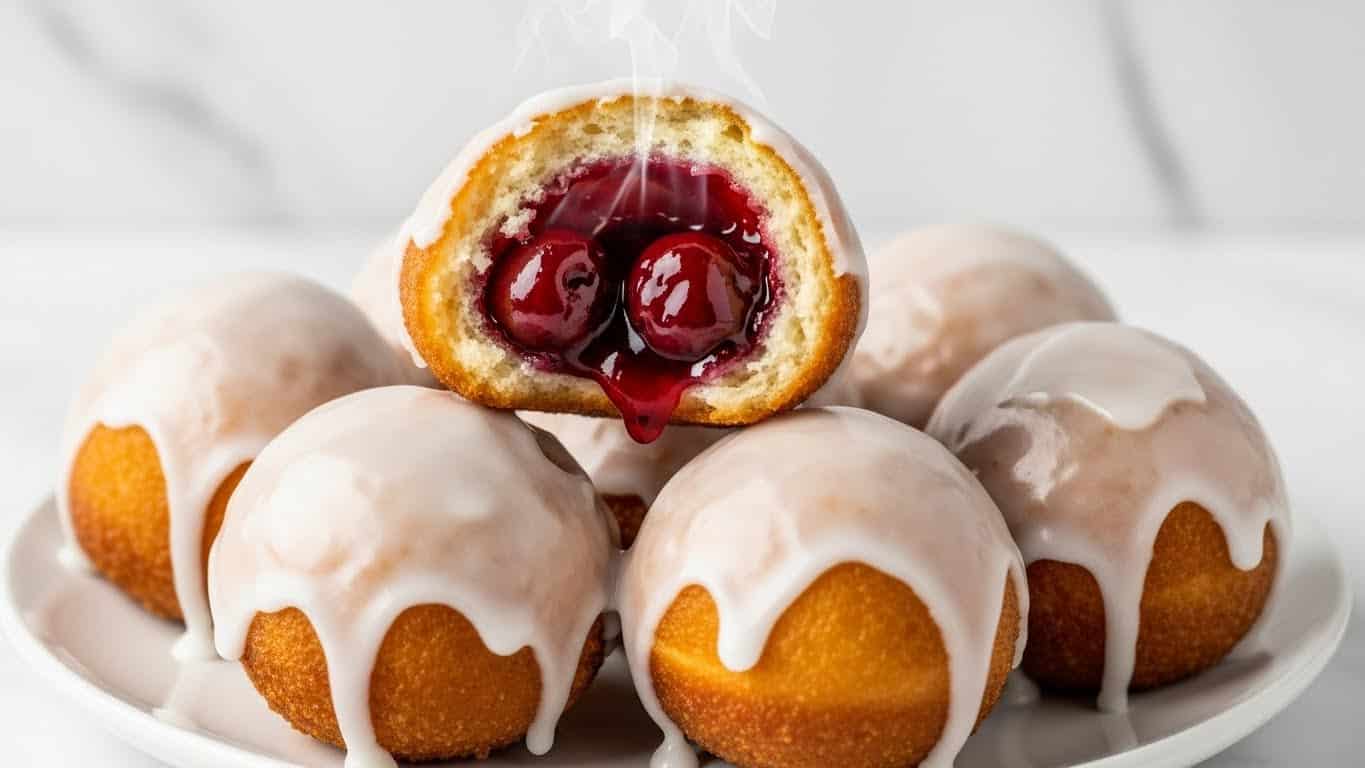 A close-up of round fried dough balls covered in white icing glaze, arranged on a white plate with a white marbled background; one ball is broken open on top, showing a glossy, deep red cherry filling inside. The dough is golden-brown and crispy with a textured surface, the glaze drips slightly down the sides, contrasting with the shiny, smooth cherry filling, Steam rising from the open dough ball. Photo taken with an iphone --ar 4:5 --v 7