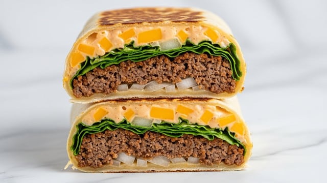 Two halves of a toasted wrap stacked on top of each other, each showing four visible layers inside. The outer layer is a light golden-brown toasted tortilla with slight crispiness. Inside, the first layer is creamy, light orange sauce with melted cheddar cheese pieces mixed in, followed by a crumbly dark brown cooked ground beef layer. Below the beef, there is a layer of chopped white onions and fresh bright green lettuce, peeking slightly out from the wrap edges. The wrap is placed on a white marbled surface. photo taken with an iphone --ar 4:5 --v 7