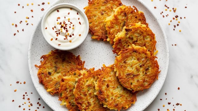 The image shows a round, white speckled plate holding a stack of eight golden-brown potato latkes with a crispy texture. The latkes are thin and layered unevenly, displaying bits of grated potatoes with browned edges. A small white bowl filled with smooth, white sour cream sits at the top left corner of the plate, topped with small red pepper flakes. The plate is placed on a white marbled surface with scattered tiny crumbs and red spice bits around it. Photo taken with an iphone --ar 4:5 --v 7