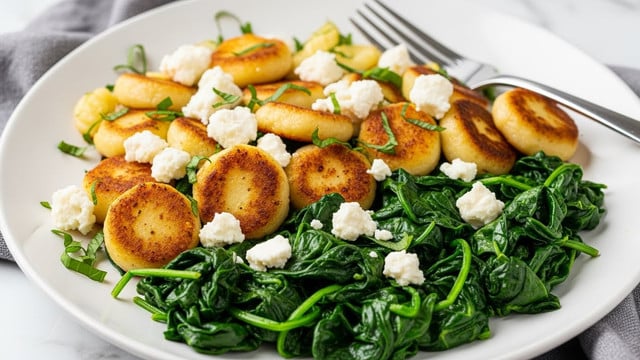 A white plate holds a dish made up of three main layers. The base layer is dark green cooked spinach spread evenly on the plate. On top of this is a layer of golden brown seared gnocchi, each piece round and slightly crispy on the outside. Scattered over everything are small white crumbles of soft cheese and a few green herb sprigs for garnish. The plate sits on a white marbled surface with a silver fork resting on the edge. photo taken with an iphone --ar 4:5 --v 7