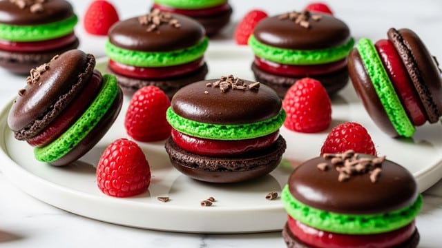 The image shows several chocolate macarons with three layers each: a dark shiny chocolate top shell, a bright green textured middle layer, and a dark chocolate bottom shell. In between the green and bottom layers is a smooth, glossy red filling. The macarons are scattered on a white plate along with fresh red raspberries, some whole and some slightly tilted, with small chocolate flakes sprinkled on top of the macarons. The setting is a white marbled textured surface in soft, natural light. photo taken with an iphone --ar 4:5 --v 7