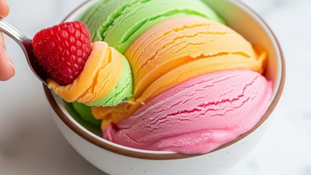 A close-up view of a small bowl filled with three swirled layers of soft frozen dessert: bright green, bright orange, and soft pink, each with a smooth, creamy texture and slight frostiness on the surface. A fresh red raspberry sits on the left side, partly scooped by a spoon held by a woman's hand, showing a detailed texture. The bowl is white with a rough brown rim, sitting on a white marbled surface. The colors are vibrant and the lighting is natural, highlighting the dessert's smooth swirls and the raspberry's bumpy skin. photo taken with an iphone --ar 4:5 --v 7