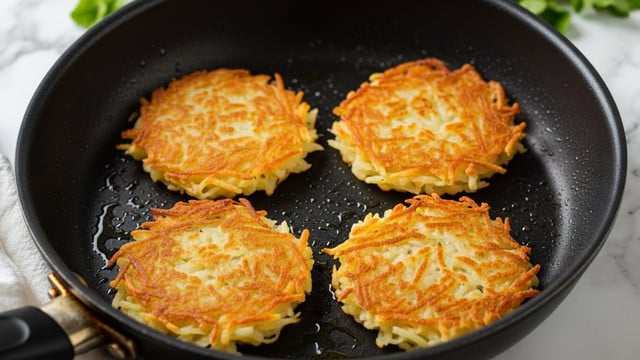 A close-up view of a black frying pan containing four golden-brown potato pancakes evenly spaced inside. Each pancake has a rough, crispy texture with strands of shredded potato visible, and areas of browned, crunchy edges on top. The pan displays some oil glistening beneath the pancakes, enhancing their cooked look. The frying pan is placed on a white marbled surface, with a white cloth partially visible under its handle and some green herbs blurred in the background. Photo taken with an iphone --ar 4:5 --v 7