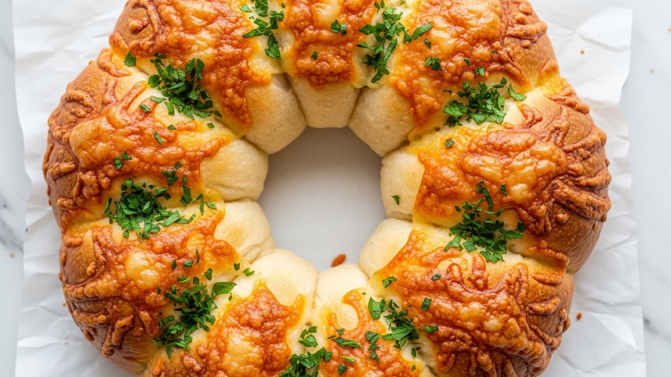 A round, ring-shaped bread with a golden brown, crispy top covered in melted cheese that has bubbled and browned unevenly, creating a textured surface. The bread is segmented into multiple thick sections and sprinkled with small pieces of fresh green herbs, giving a pop of color across the top. The inside of the bread is soft, creamy, and light yellowish from the cheese filling visible through the sections. The bread rests on a sheet of parchment paper placed on a white marbled texture. photo taken with an iphone --ar 4:5 --v 7