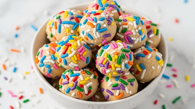 A white bowl is filled with small round cookie dough balls, each covered with colorful sprinkles in shades of blue, pink, yellow, green, red, white, orange, and purple. The dough balls are light beige with a soft texture, and the sprinkles are scattered unevenly on the surface of each ball. The bowl is set on a white marbled surface with more sprinkles scattered around it. The dough balls are stacked closely together in the bowl, filling it almost to the top. photo taken with an iphone --ar 4:5 --v 7