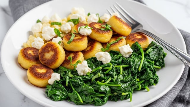 This dish shows a white plate filled with three main layers. The bottom layer is a bed of cooked dark green spinach leaves that look soft and slightly wilted. The middle layer has golden brown gnocchi pieces that are round and slightly crispy on the outside. The top layer is scattered with small white chunks of crumbled cheese and a few green herb sprigs, adding texture and freshness. There is a silver fork resting on the edge of the plate. The plate sits on a white marbled surface with a grey cloth napkin partially visible. photo taken with an iphone --ar 4:5 --v 7