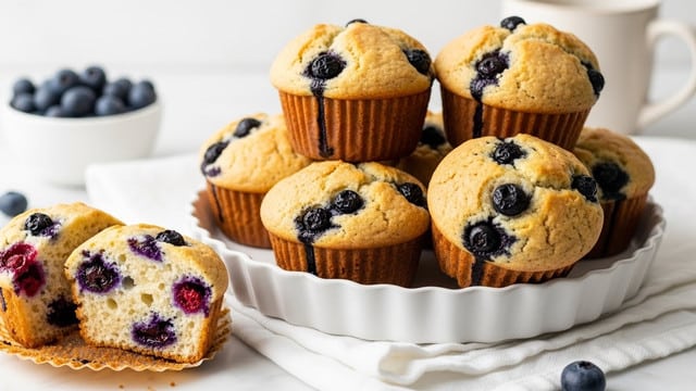 A group of six golden-brown blueberry muffins with a slightly cracked top filled with whole dark blueberries are stacked in a pile on a white fluted tart pan. One muffin lies cut in half showing a soft, light inside dotted with blueberries and bits of red berry on the left side. The muffins have a slightly rough texture with a mix of golden and darker blueberry spots across their tops and sides. In the background on the left, a small white bowl contains fresh blueberries, and on the right, there is a cream-colored cup with a handle. All items rest on a soft white cloth placed on a white marbled surface. photo taken with an iphone --ar 4:5 --v 7