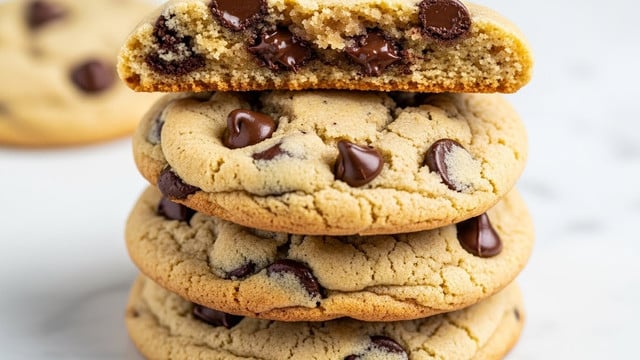 A stack of four soft chocolate chip cookies is shown close up on a white marbled surface; the top cookie is broken in half, revealing its light golden, crumbly inside with scattered melted chocolate chips in dark brown. Each cookie layer is round with a slightly crisp golden-brown edge and a soft, textured lighter center dotted with shiny chocolate chips. The cookies look gooey and fresh, with a mix of rough and smooth textures across their surfaces. photo taken with an iphone --ar 4:5 --v 7