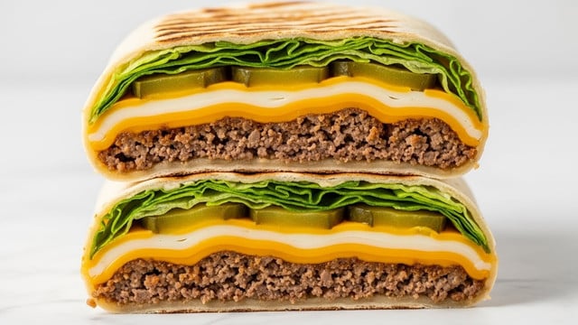 The image shows two halves of a toasted wrap stacked on top of each other, each filled with several layers. The bottom layer is a soft, lightly browned tortilla wrap with visible grill marks. Inside, the first layer is cooked ground beef with a crumbly texture and deep brown color. Above the beef, slices of glossy pickles add a green tint. Next is a melted bright orange cheddar cheese layer that stretches slightly between the two halves, topped by a white melting cheese layer with a smooth texture. The top layer is fresh light green lettuce leaves that add a leafy texture and freshness. The wrap is placed on a white marbled surface. Photo taken with an iphone --ar 4:5 --v 7