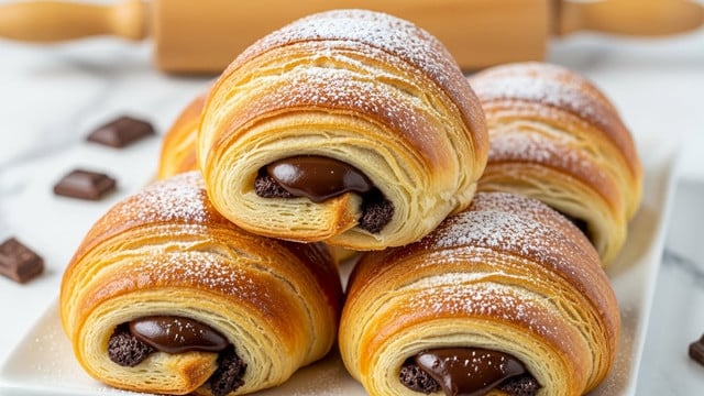 The image shows a white rectangular plate stacked with golden brown pastries filled with glossy dark chocolate, each pastry having many thin layers creating a flaky, crispy look. The top layer is dusted with white powdered sugar, adding a soft contrast to the shiny chocolate inside. Around the plate on a white marbled surface, there are small dark chocolate pieces scattered, and the background is bright, highlighting the rich colors and textures of the pastries. photo taken with an iphone --ar 4:5 --v 7