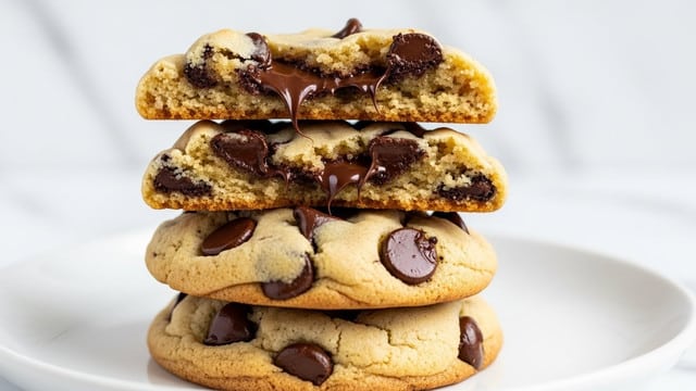 The image shows a stack of soft chocolate chip cookies with a slightly golden-brown edge and a pale, chewy center. Each cookie has unevenly spread melted chocolate chips that give a rich dark brown contrast against the light tan dough. The top cookie is broken, revealing its gooey inside texture. The cookies are placed one on top of another on a white plate, with a white marbled surface background. photo taken with an iphone --ar 4:5 --v 7