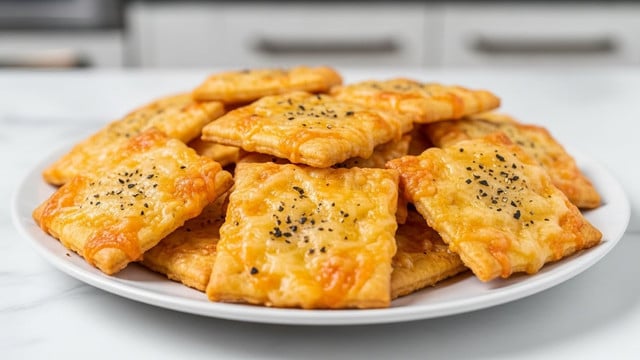 A white plate holds a pile of crispy toasted ravioli pieces, each one square-shaped with crinkled edges and a golden-brown color. The ravioli have a slightly bubbly texture with some areas browned darker from toasting. Small black pepper specks and a light dusting of white grated cheese cover the ravioli, adding detail and texture. The plate sits on a surface with a white marbled texture that softly reflects light. The background is blurred, keeping the focus on the close-up view of the toasted ravioli photo taken with an iphone --ar 4:5 --v 7