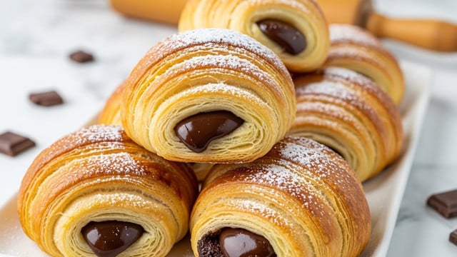 The image shows a close-up view of several golden-brown chocolate croissants stacked on a white rectangular plate. Each croissant has multiple flaky, layered, and crisp outer layers with a soft and slightly shiny texture due to buttery dough. The center of each croissant reveals a rich, dark chocolate filling that looks smooth and glossy. The tops and sides of the croissants are lightly dusted with white powdered sugar. Small pieces of chocolate are scattered around the plate on a white marbled surface. In the background, there is a wooden rolling pin blurred out of focus. photo taken with an iphone --ar 4:5 --v 7