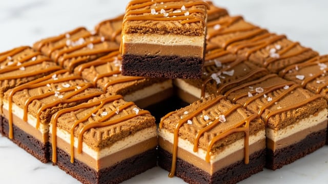 The image shows a close-up of a rich dessert made of many cut squares, arranged closely together. One square is held above the others, revealing three clear layers: a dark, moist brownie base; a smooth, light brown caramel layer in the middle; and a lighter, crisp-topped golden brown cookie layer on top. Each piece is drizzled with extra caramel sauce in thin, golden lines and sprinkled with small flakes of sea salt. The dessert sits on a white marbled surface. photo taken with an iphone --ar 4:5 --v 7