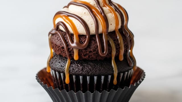 A close-up of a chocolate cupcake with two main layers: the bottom is a dark brown, moist chocolate cake, and the top is a thick, fluffy light brown frosting dome. The frosting is drizzled with smooth, glossy dark chocolate and caramel sauce, creating thin lines flowing down the sides. The cupcake is wrapped in a black paper liner and sits on a white marbled surface. Photo taken with an iphone --ar 4:5 --v 7