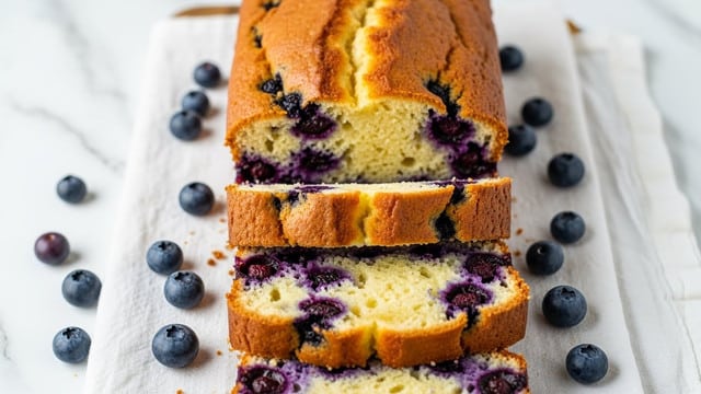 A loaf cake with a golden brown crust sits on a white cloth-covered wooden board with scattered fresh blueberries around it. The cake is cut into thick slices, revealing a soft, light yellow inside filled with juicy purple-blue blueberries embedded throughout. The texture of the cake looks moist and fluffy with slightly uneven cracks on the top crust. The whole scene has a clean and bright look with a white marbled texture under the board. photo taken with an iphone --ar 4:5 --v 7