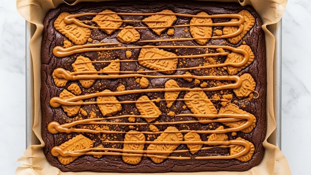 The image shows a baking tray lined with light brown parchment paper filled with a dark, glossy chocolate brownie base. On the surface of the brownie, there is a layer of broken light brown cookies scattered unevenly across, some whole and some in crumbs. Over this, lines of smooth caramel-colored drizzle are spread randomly, creating thin and thick streaks across the cookies and brownie. The tray is placed on a white marbled surface. photo taken with an iphone --ar 4:5 --v 7