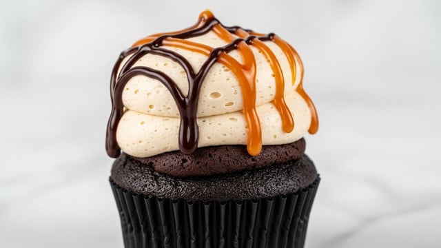 The image shows a close-up of a single chocolate cupcake with three visible layers. The bottom layer is a dark, moist chocolate cake wrapped in a black paper liner. On top of that is a large, light beige dollop of fluffy frosting with a smooth, slightly porous texture. The frosting is decorated with two different drizzles: one dark chocolate, thick and glossy, and the other caramel, amber and shiny. The cupcake rests on a white marbled surface. photo taken with an iphone --ar 4:5 --v 7