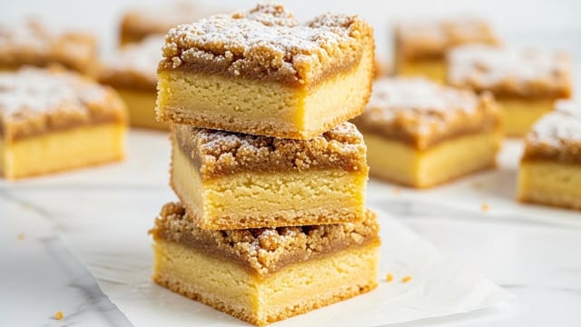 The image shows a stack of four square blondie bars with a crumbly, golden-brown top layer dusted lightly with powdered sugar. Each bar has two visible layers: a slightly crunchy, textured top layer with a golden caramel color, and a moist, dense, light yellow interior layer. The stack sits on white parchment paper on a white marbled surface, with more blondie pieces blurred in the background. photo taken with an iphone --ar 4:5 --v 7