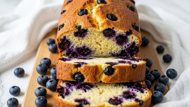 A loaf of blueberry bread is shown with a golden brown crust on top, revealing a soft, pale yellow inside full of large, dark purple blueberries throughout. Two thick slices are cut from the loaf, placed in front, showing moist texture and juicy blueberries inside. Whole blueberries are scattered around the bread on a white cloth, all set on a wooden board resting on a white marbled surface. The bread has a slightly cracked top crust, adding texture and contrast to the soft interior. Photo taken with an iphone --ar 4:5 --v 7
