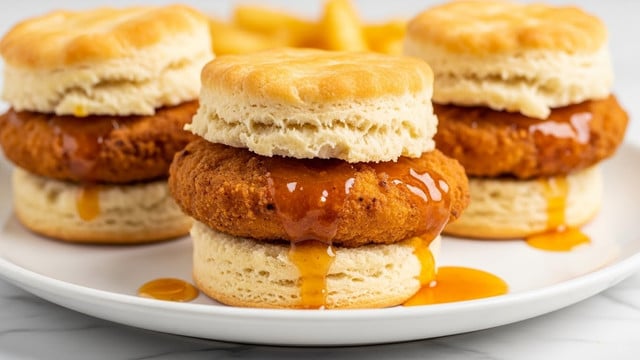 The image shows three small sandwiches on a white plate with a white marbled surface beneath. Each sandwich has two fluffy, golden-brown biscuits as the top and bottom layers, with clear layers visible on the biscuits. In the middle, there is a crispy fried chicken patty covered in a shiny, sticky orange glaze. Some of the orange glaze has dripped onto the plate around the sandwiches. The background is softly blurred but shows a hint of yellow color, likely from fries. Photo taken with an iphone --ar 4:5 --v 7