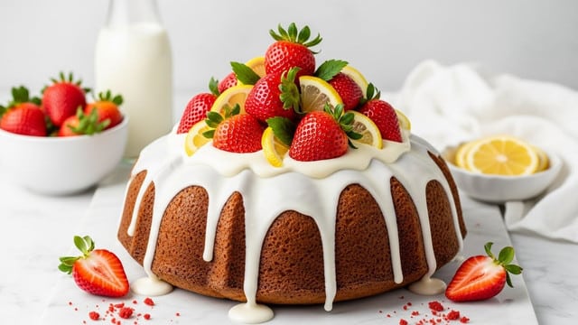 A round bundt cake with a golden brown base is covered by a thick layer of smooth white icing that drips down the sides in uneven waves. On top, there is a pile of whole red strawberries with green leaves and small yellow lemon wedges placed around them. The cake sits on a white marbled surface with a few halved strawberries and red crumbs scattered nearby. In the background, there is a small white bowl filled with strawberries, a glass bottle of milk, a small white dish with lemon slices, and a white cloth draped casually. Photo taken with an iphone --ar 4:5 --v 7