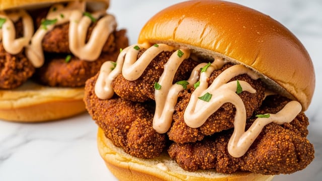 A close-up of two sandwiches on a white marbled surface showing soft, golden-brown buns split open and filled with several pieces of crispy, dark brown fried chicken, topped with a creamy, light tan sauce that is drizzled generously over the chicken and sprinkled with small green herb bits. The texture of the bun looks soft and slightly shiny while the chicken pieces have a crunchy, seasoned coating. The sauce appears smooth and thick, creating a rich topping that contrasts with the crispiness of the chicken. photo taken with an iphone --ar 4:5 --v 7