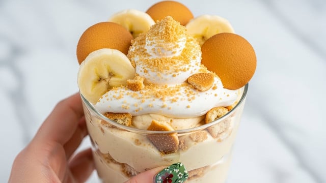 A close-up view of a clear glass filled with a creamy, pale yellow dessert that shows visible bits of crushed cookies mixed throughout in a rough texture. On top, the dessert is piled high with thick dollops of soft cream, sprinkled generously with fine golden crumbs. The rim of the glass is decorated with alternating slices of banana and whole round vanilla wafers, adding a light cream and warm tan color contrast. A woman’s hand with a green floral nail design gently holds the glass against a white marbled background. photo taken with an iphone --ar 4:5 --v 7