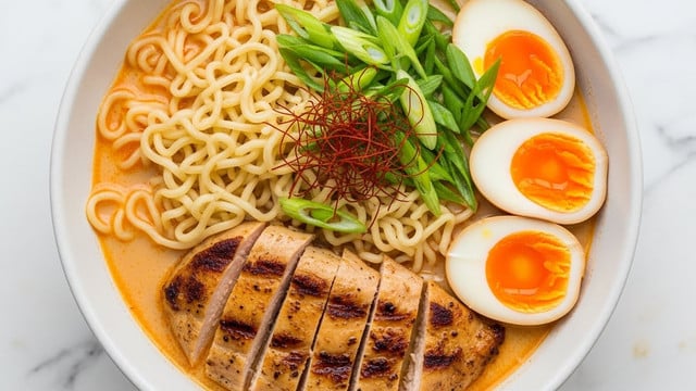 A bowl of ramen sits on a white marbled surface, filled with creamy, light orange broth layered at the base. Partially submerged in the broth are wavy, pale yellow noodles on the left side. On top of the noodles, thin slices of grilled chicken with a golden-brown char cover the bottom half of the bowl. To the right, there are three halved soft-boiled eggs with bright orange yolks and firm white edges. In the center and upper middle, a fresh heap of sliced green onions adds a vibrant green color, while scattered red chili flakes provide a spicy red contrast on top of the noodles and broth. photo taken with an iphone --ar 4:5 --v 7