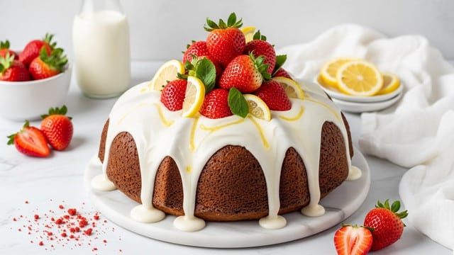 A round cake with one thick golden brown layer sits on a white speckled plate, covered with a smooth white glaze that drips down the sides. On top, a cluster of whole red strawberries with green leaves and small light yellow lemon pieces form a colorful centerpiece. Around the base and on the white marbled surface, halved strawberries add extra visual interest. Small red crumbs are sprinkled over the glaze, giving the cake a finishing touch. In the background, there is a white bowl holding more strawberries and a tall glass bottle filled with milk. photo taken with an iphone --ar 4:5 --v 7