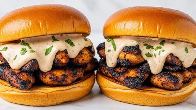The image shows two sandwiches placed closely on a white marbled surface. Each sandwich has a soft, shiny, golden-brown bun sliced open horizontally. Inside the bun are several pieces of grilled chicken chunks that are dark brown with charred edges, piled generously to fill the bun. On top of the chicken, there is a smooth, creamy beige sauce with herbs sprinkled throughout, draping over the chicken and slightly dripping off the sides. Small green herb bits are scattered on the sauce, adding texture and color contrast. The sandwiches look rich, juicy, and flavorful. Photo taken with an iphone --ar 4:5 --v 7